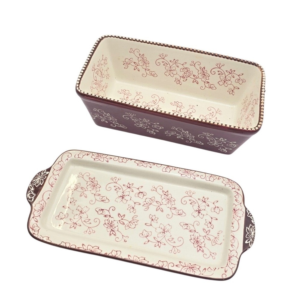 Temp-tations Floral Lace Cranberry 1 QT Loaf Pan with Lid-It Tray Set KFI-XNG